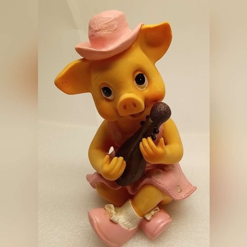 VTG Anthropomorphic Girl Pig Playing Mandolin Pink Polka-dot Dress Coin Bank 6.5